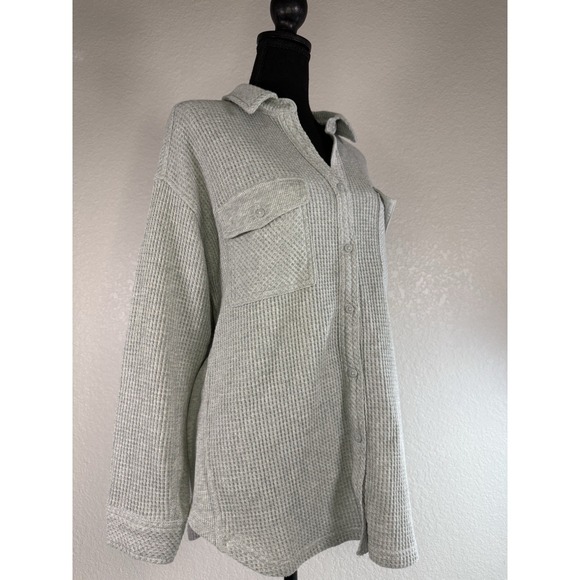 Aerie Lumberjane Waffle Knit Button Down Shirt grey Oversized Long Sleeve Top M - Picture 3 of 7
